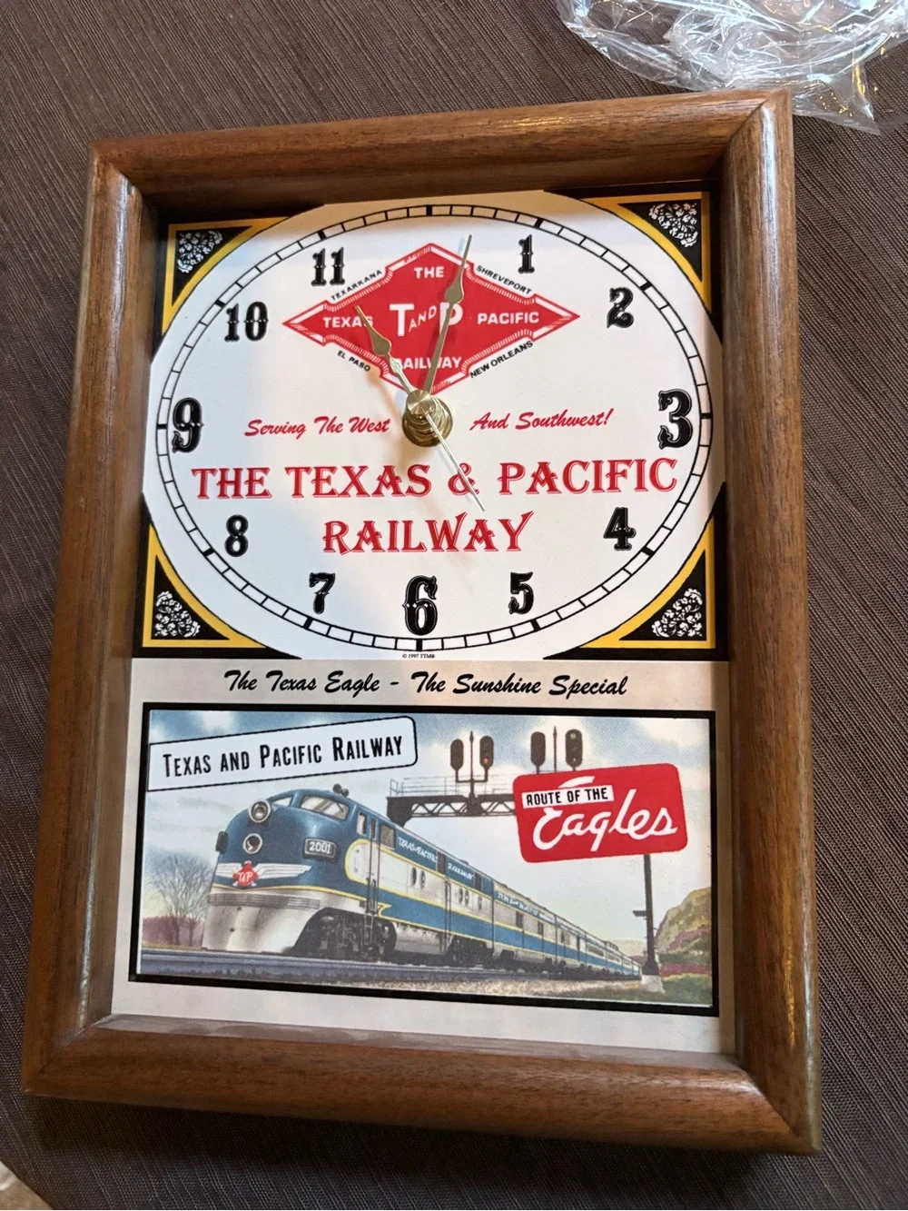Texas & Pacific Railway Wall Clock Walnut Frame Quartz Railroad Decor Vintage